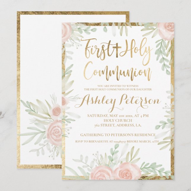 Pink floral gold border First Holy Communion Invitation (Front/Back)