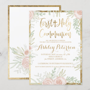 Pink floral gold border First Holy Communion Invitation