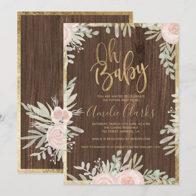 Pink floral gold border rustic wood Baby Shower Invitation (Front/Back)