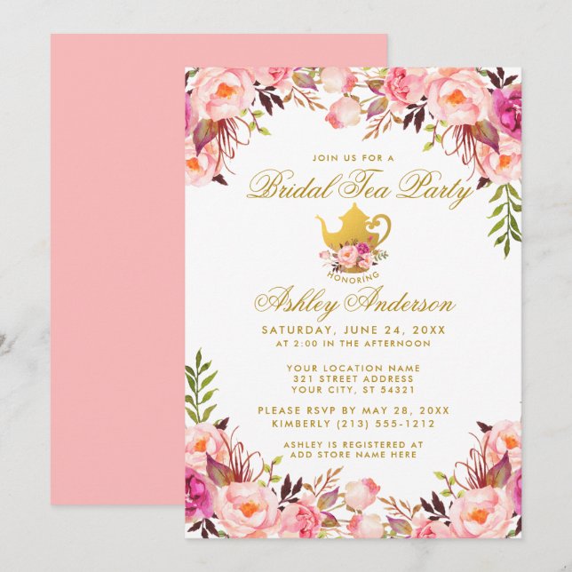 Pink Floral Gold Bridal Shower Tea Party Invitation (Front/Back)