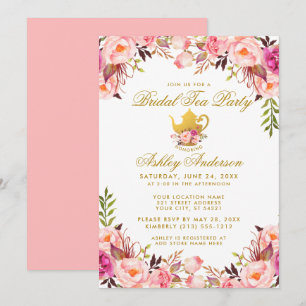 Pink Floral Gold Bridal Shower Tea Party Invitation