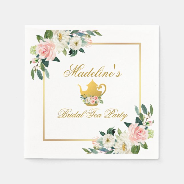 Pink Floral Gold Bridal Shower Tea Party Napkin (Front)
