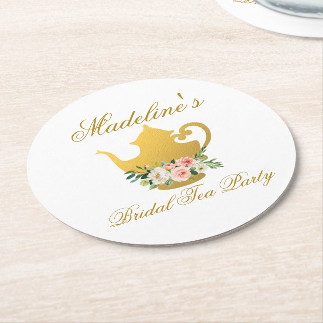 Pink Floral Gold Bridal Shower Tea Party Round Paper Coaster (Angled)
