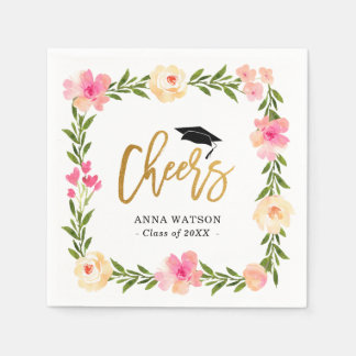 Pink Floral Gold Cheers Custom Graduation Party Napkin