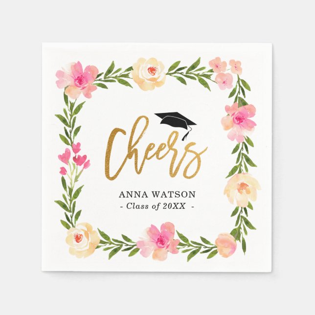 Pink Floral Gold Cheers Custom Graduation Party Napkin (Front)