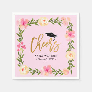 Pink Floral Gold Cheers Custom Graduation Party Napkin