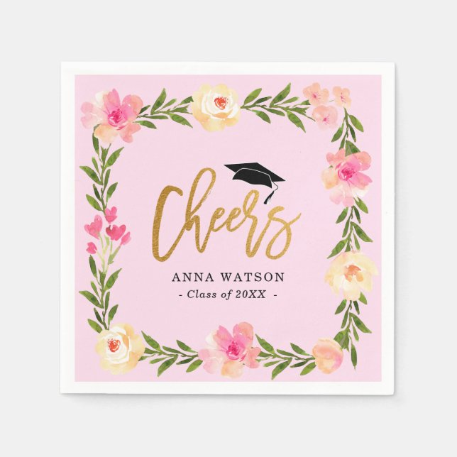 Pink Floral Gold Cheers Custom Graduation Party Napkin (Front)