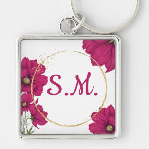 Pink Floral Gold Circle Keychain