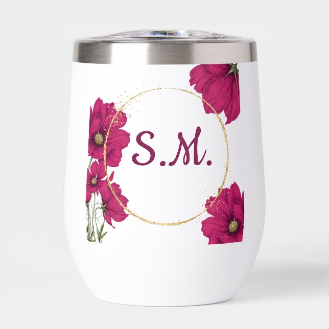 Pink Floral Gold Circle Wine Tumbler (Front)