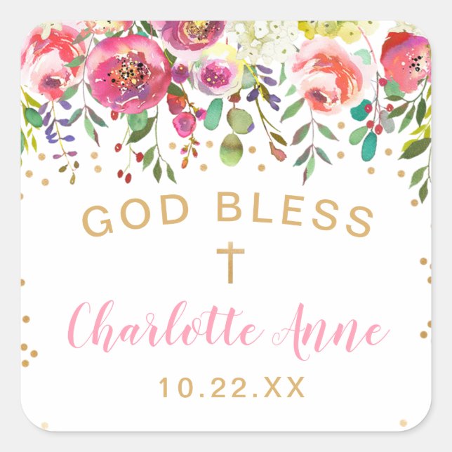 Pink floral gold confetti Baptism thank you favour Square Sticker (Front)