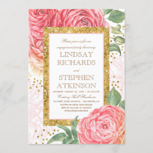 Pink Floral Gold Confetti Engagement Party Invitation