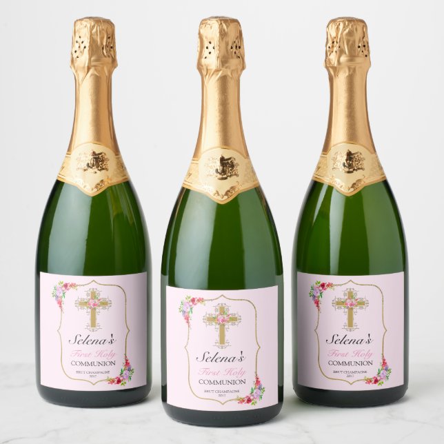 Pink Floral Gold Cross 1st Communion Sparkling Wine Label (Bottles)