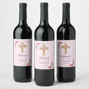 Pink Floral Gold Cross 1st Communion Wine Label