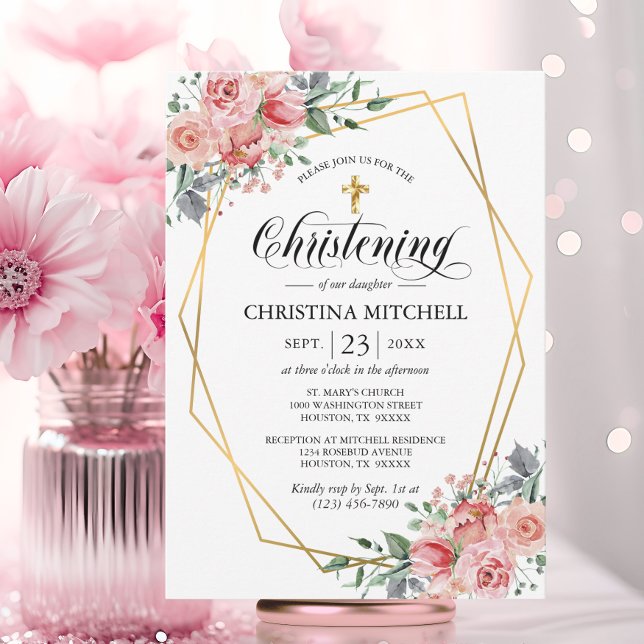 Pink Floral Gold Cross Christening Baptism Girl Invitation (Pink Floral Gold Cross Christening Baptism Girl Invitation)