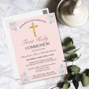 Pink Floral Gold Cross First Communion Invitation Postcard