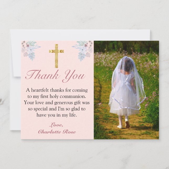 Pink Floral Gold Cross First Communion Thank You Card (Front)