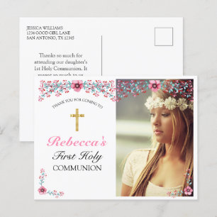 Pink Floral Gold Cross First Communion Thank You  Postcard