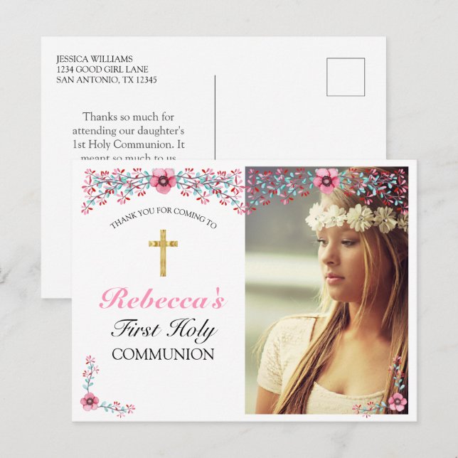 Pink Floral Gold Cross First Communion Thank You  Postcard (Front/Back)