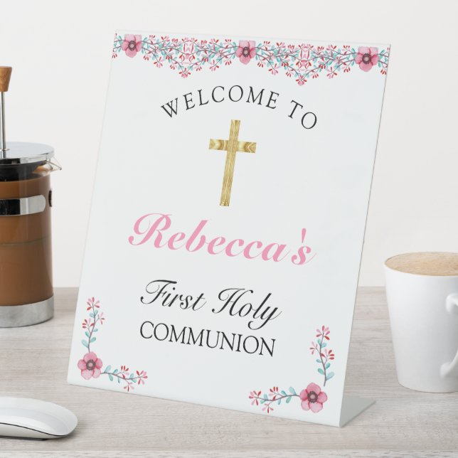 Pink Floral Gold Cross First Communion Welcome Pedestal Sign (In SItu)