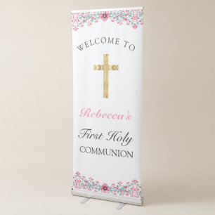 Pink Floral Gold Cross First Communion Welcome Retractable Banner