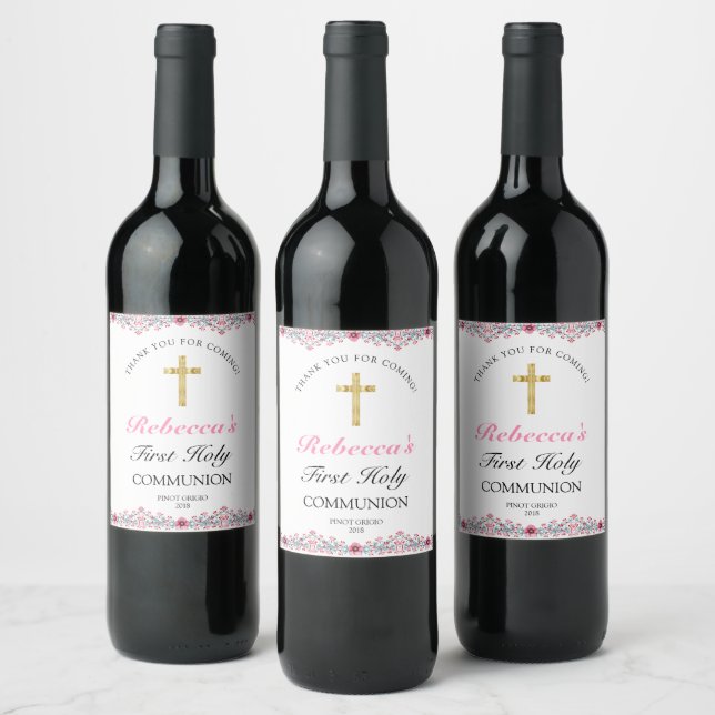 Pink Floral Gold Cross First Holy Communion  Wine Label (Bottles)