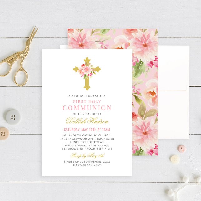 Pink Floral Gold Cross Girl First Holy Communion Invitation (Creator Uploaded)