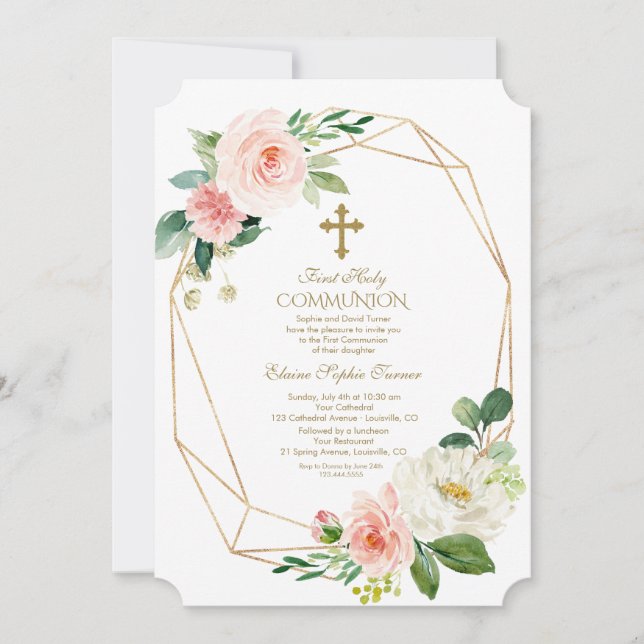 Pink Floral Gold Diamond First Holy Communion Invitation (Front)