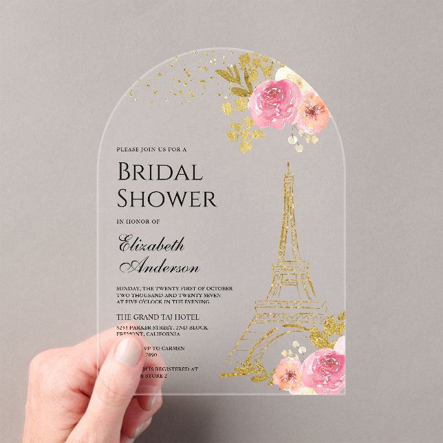 Pink Floral Gold Eiffel Tower Arch Bridal Shower Acrylic Invitations (Insitu (Handheld))
