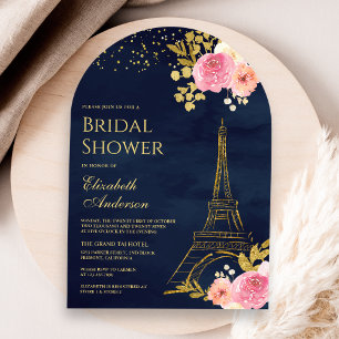 Pink Floral Gold Eiffel Tower Navy Bridal Shower Invitation