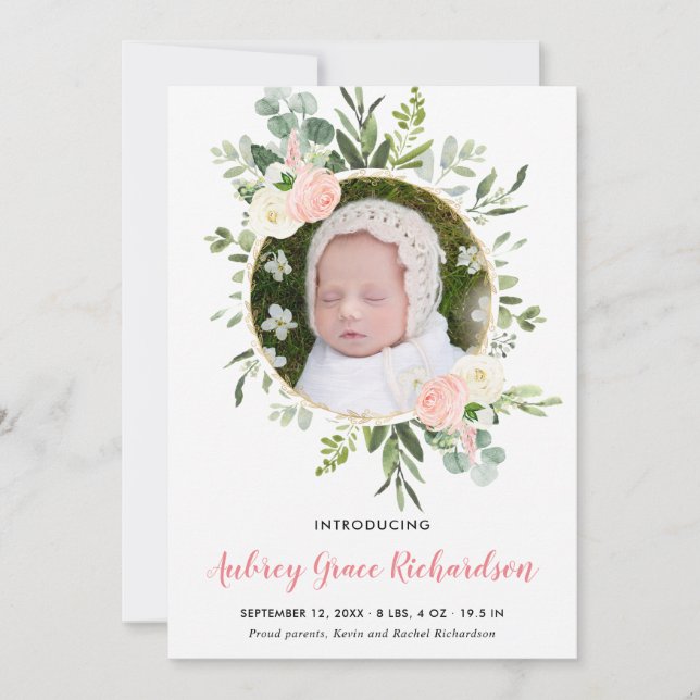 Pink floral gold eucalyptus baby girl announcement (Front)