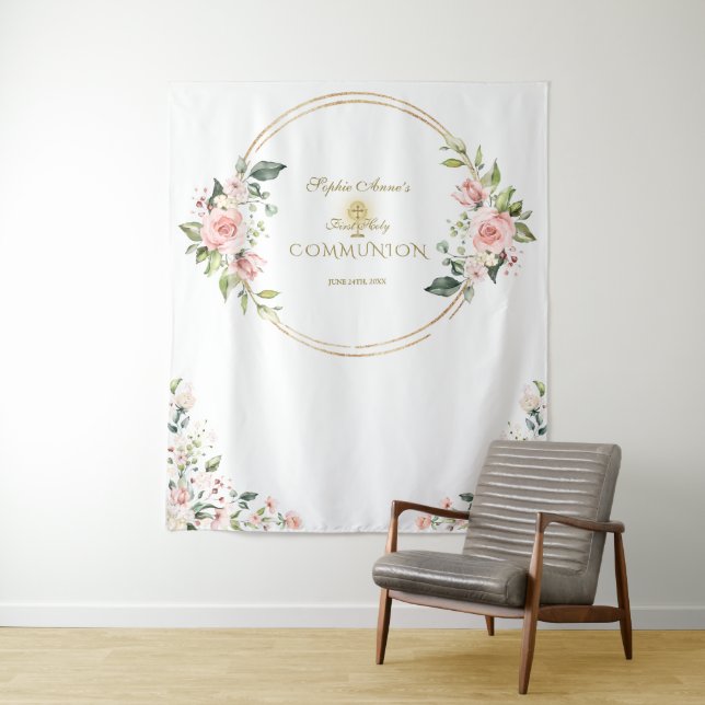 Pink Floral Gold First Holy Communion Photo Prop  Tapestry (In Situ)