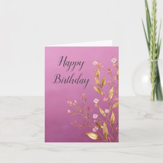 Pink Floral & Gold Foil Trim Birthday Card (Front)