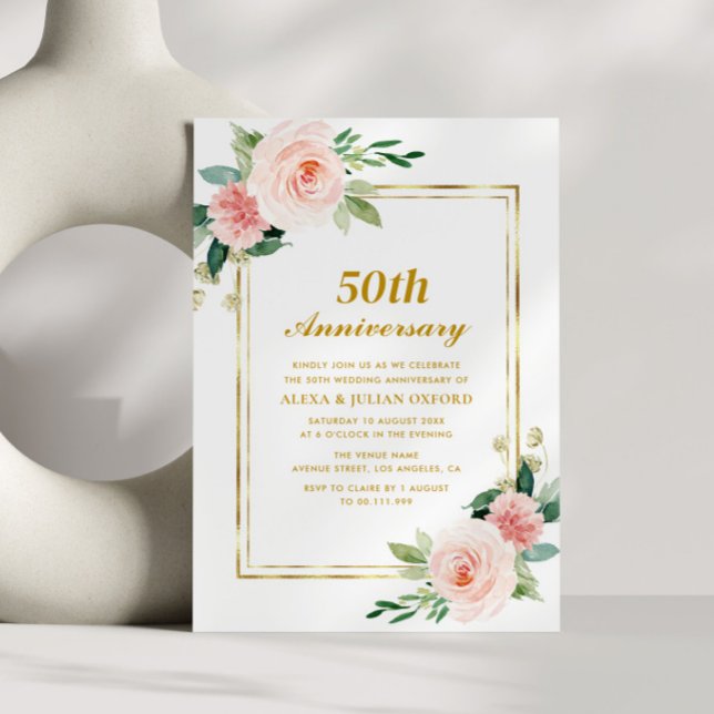 pink floral gold frame 50th anniversary wedding invitation (Creator Uploaded)