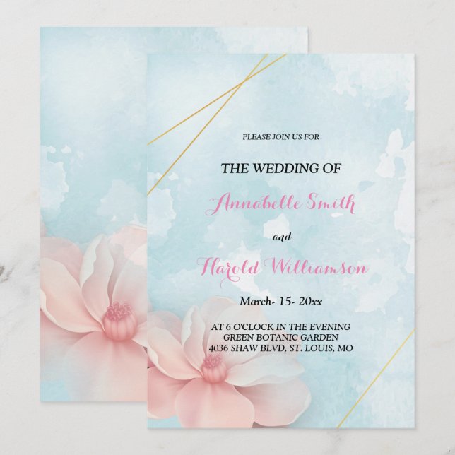 Pink floral gold frame blue watercolor Wedding Invitation (Front/Back)