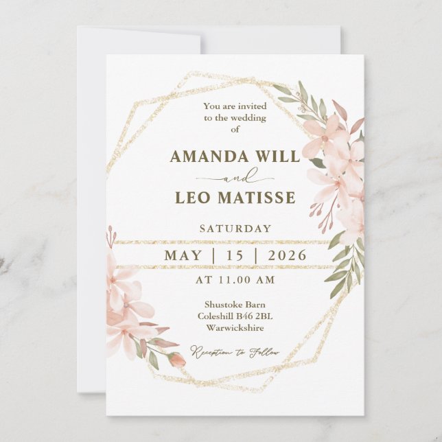 Pink Floral Gold Frame Chic Minimalist Wedding Invitation (Front)