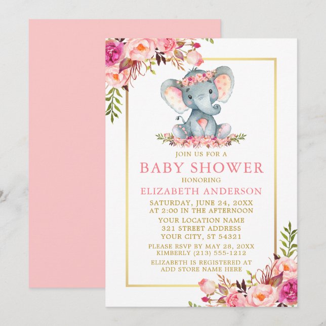 Pink Floral Gold Frame Elephant Baby Shower Invitation (Front/Back)