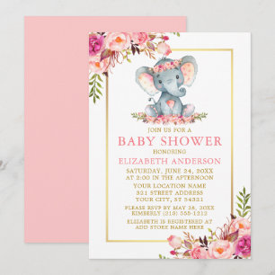 Pink Floral Gold Frame Elephant Baby Shower Invitation