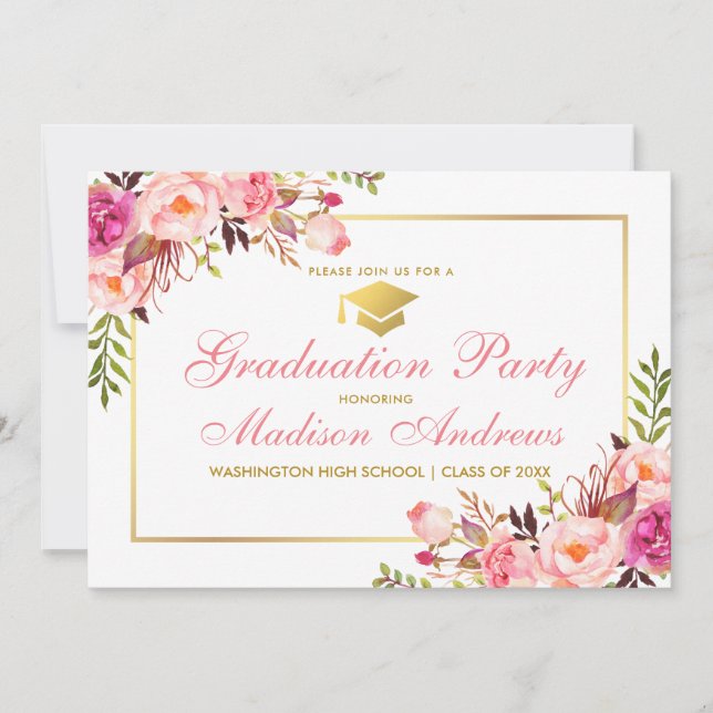 Pink Floral Gold Frame Graduation Party Invitation (Front)