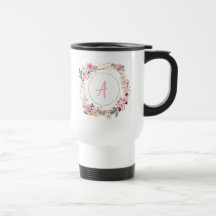 Pink Floral Gold Geometric Travel Mug