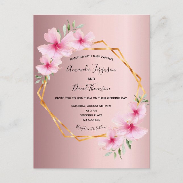 Pink floral gold geometric wedding invitation postcard (Front)