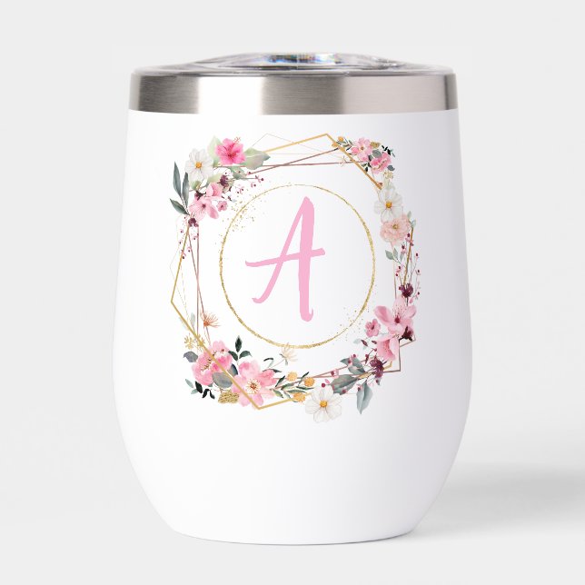 Pink Floral Gold Geometric Wine Tumbler (Front)