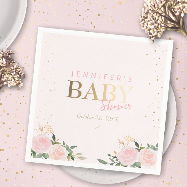 Pink Floral Gold Girl Baby Shower Napkin (Creator Uploaded)
