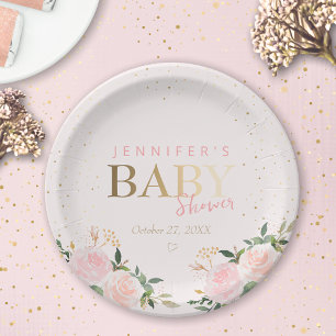 Pink Floral Gold Girl Baby Shower Paper Plate