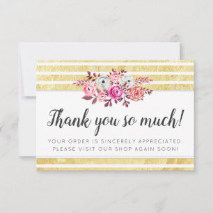 Pink Floral & Gold Glam Modern Stripe Thank You Card