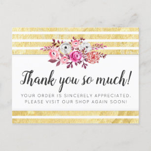 Pink Floral & Gold Glam Modern Stripe Thank You Postcard