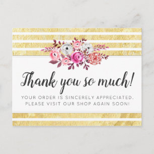 Pink Floral & Gold Glam Modern Stripe Thank You Postcard