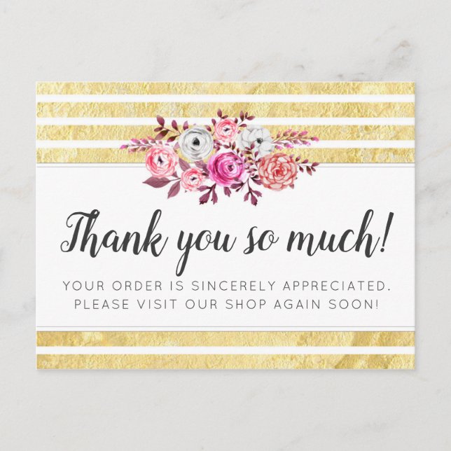 Pink Floral & Gold Glam Modern Stripe Thank You Postcard (Front)