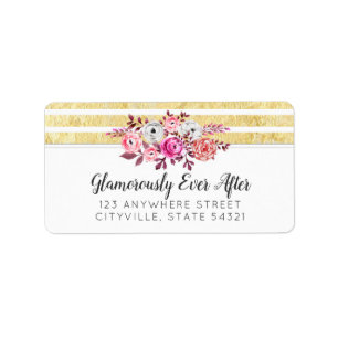 Pink Floral & Gold Glam Watercolor Modern Stripe Label