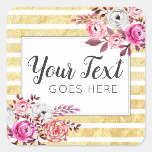 Pink Floral & Gold Glam Watercolor Modern Stripe Square Sticker