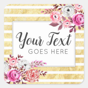 Pink Floral & Gold Glam Watercolor Modern Stripe Square Sticker